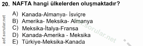 20. soru: NAFTA hangi ülkelerden oluşmaktadır? A) Kanada-Almanya- Isviçre B) Amerika- Meksika- Almanya C) Meksika-Italya-Fransa…