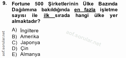 9. soru: Fortune 500 Şirketlerinin Ülke Bazında Dağılımına bakıldığında en fazla işletme sayısı ile ilk sırada hangi ülke yer…