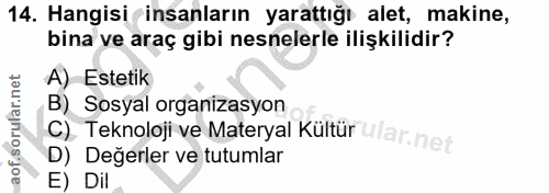 14. soru: Hangisi insanların yarattığı alet, makine, bina ve araç gibi nesnelerle ilişkilidir? A) Estetik B) Sosyal organizasyo…