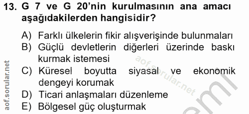 13. soru: G 7 ve G 20'nin kurulmasının ana amacı aşağıdakilerden hangisidir? A) Farklı ülkelerin fikir alışverişinde bulunmalar…