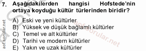 7. soru: Aşağıdakilerden hangisi Hofstede'nin ortaya koyduğu kültür türlerinden biridir? A) Eski ve yeni kültürler B) Yüksek v…