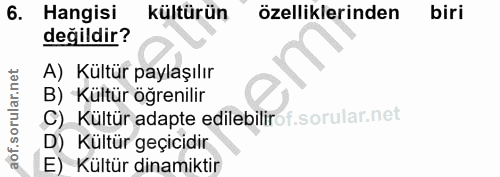 6. soru: Hangisi kültürün özelliklerinden biri değildir? A) Kültür paylaşılır B) Kültür öğrenilir C) Kültür adapte edilebiliro…
