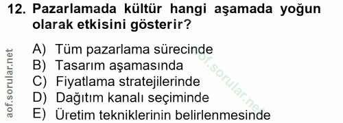 12. soru: Pazarlamada kültür hangi aşamada yoğun olarak etkisini gösterir? A) Tüm pazarlama sürecinde B) Tasarım aşamasında C)…