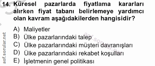 14. soru: Küresel pazarlarda fiyatlama kararları alırken fiyat tabanı belirlemeye yardımcı olan kavram aşağıdakilerden hangisid…