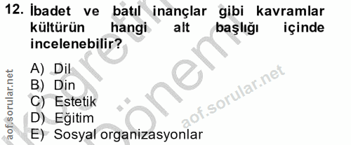 12. soru: Ibadet ve batıl inançlar gibi kavramlar kültürün hangi alt başlığı içinde incelenebilir? A) Dil B) Din C) Estetik D)…