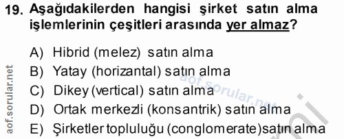 19. soru: Aşağıdakilerden hangisi şirket satın alma işlemlerinin çeşitleri arasında yer almaz? A) Hibrid (melez) satın alma B)…