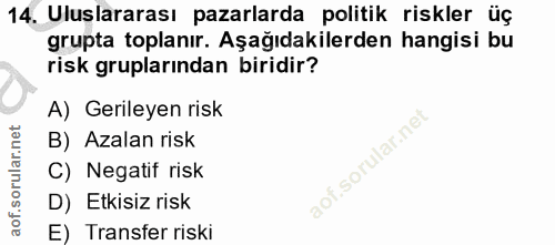 14. soru: Uluslararası pazarlarda politik riskler üç grupta toplanır. Aşağıdakilerden hangisi bu risk gruplarından biridir? A)…