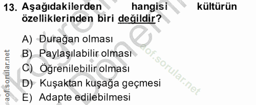 13. soru: Aşağıdakilerden hangisi kültürün özelliklerinden biri değildir? A) Durağan olması B) Paylaşılabilir olması C) Öğrenil…