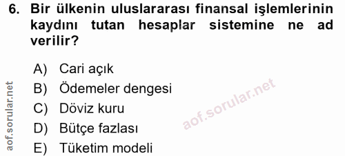 6. soru: Bir ülkenin uluslararası finansal işlemlerinin kaydını tutan hesaplar sistemine ne ad verilir? A) Cari açık B) Ödemel…