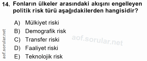 14. soru: Fonların ülkeler arasındaki akışını engelleyen politik risk türü aşağıdakilerden hangisidir? A) Mülkiyet riski B) Dem…