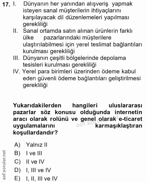17. soru: 1. Dünyanın her yanından alışveriş yapmak isteyen sanal müşterilerin ihtiyaçlarını karşılayacak dil düzenlemeleri yap…
