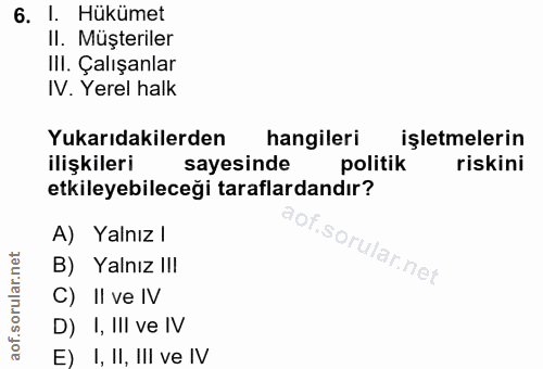 6. soru: l. Hükümet II. Muşteriler Ill. Çalışanlar IV. Yerel halk Yukarıdakilerden hangileri işletmelerin ilişkileri sayesinde…