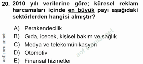 20. soru: 2010 yılı verilerine göre; küresel reklam harcamaları içinde en büyük payı aşağıdaki sektörlerden hangisi almıştır? A…