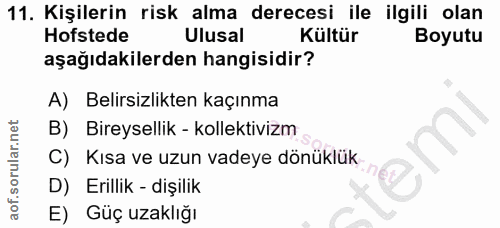 11. soru: Kişilerin risk alma derecesi ile ilgili olan Hofstede Ulusal Kültür Boyutu aşağıdakilerden hangisidir? A) Belirsizlik…