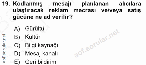 19. soru: Kodlanmış mesaji planlanan alıcılara ulaştıracak reklam mecrası ve/veya satış gücüne ne ad verilir? A) Gürültü B) Kül…