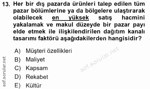 13. soru: Her bir dış pazarda ürünleri talep edilen tüm pazar bölümlerine ya da bölgelere ulaştırarak olabilecek en yüksek satı…