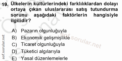 19. soru: 19, Ulkelerin kültürlerindeki farklılıklardan dolayı ortaya çıkan uluslararası satış tutundurma sorunu aşağıdaki fakt…