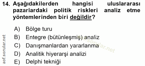 14. soru: Aşağıdakilerden hangisi uluslararası pazarlardaki politik riskleri analiz etme yöntemlerinden biri değildir? A) Bölge…