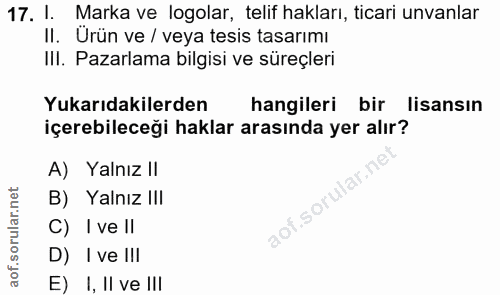 17. soru: 1. Marka ve logolar, telif hakları, ticari unvanlar II. Urün ve / veya tesis tasarımı III. Pazarlama bilgisi ve süreç…