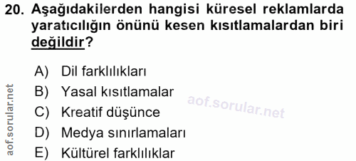 20. soru: Aşağıdakilerden hangisi küresel reklamlarda yaratıcılığın önünü kesen kısıtlamalardan biri değildir? A) Dil farklılık…