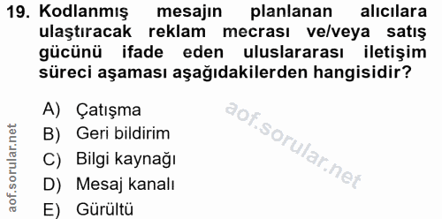 19. soru: Kodlanmış mesajin planlanan alicılara ulaştıracak reklam mecrası ve/veya satış gücünü ifade eden uluslararası iletişi…