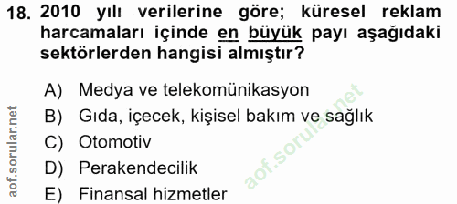 18. soru: 2010 yılı verilerine göre; küresel reklam harcamaları içinde en büyük payı aşağıdaki sektörlerden hangisi almıştır? A…