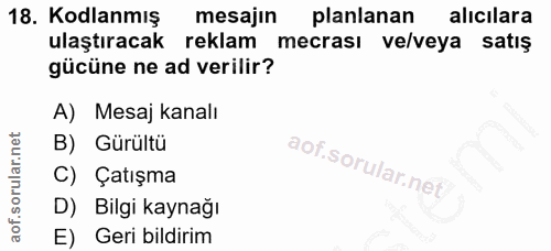 18. soru: Kodlanmış mesajin planlanan alıcılara ulaştıracak reklam mecrası ve/veya satış gücüne ne ad verilir? A) Mesaj kanalı…