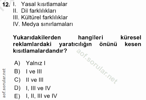 12. soru: I. Yasal kısıtlamalar II. Dil farklılıkları III. Kültürel farklılıklar IV. Medya sınırlamaları Yukarıdakilerden hangi…