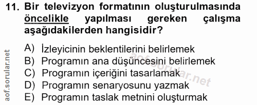11. soru: Bir televizyon formatının oluşturulmasında öncelikle yapılması gereken çalışma aşağıdakilerden hangisidir? A) İzleyic…