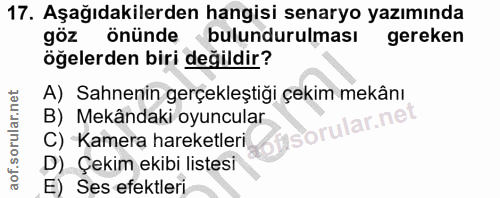 17. soru: Aşağıdakilerden hangisi senaryo yazımında göz önünde bulundurulması gereken öğelerden biri değildir? A) Sahnenin gerç…
