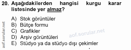 20. soru: Aşağıdakilerden hangisi kurgu karar listesinde yer almaz? A) Stok görüntüler B) Bütçe formu C) Grafikler D) Arşiv gör…