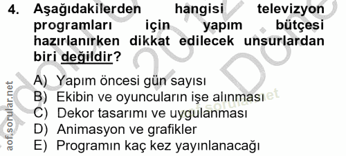 4. soru: Aşağıdakilerden hangisi televizyon programları için yapım , bütçesi hazırlanırken dikkat edilecek unsurlardan biri de…