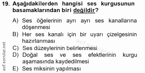 19. soru: Aşağıdakilerden hangisi ses kurgusunun basamaklarından biri değildir? A) Ses öğelerinin ayrı ayrı ses kanallarına döş…