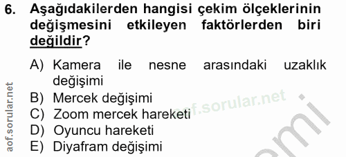 6. soru: Aşağıdakilerden hangisi çekim ölçeklerinin değişmesini etkileyen faktörlerden biri değildir? A) Kamera ile nesne aras…