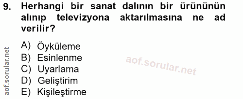 9. soru: Herhangi bir sanat dalının bir ürününün alınıp televizyona aktarılmasına ne ad verilir? A) Öyküleme B) Esinlenme C) U…