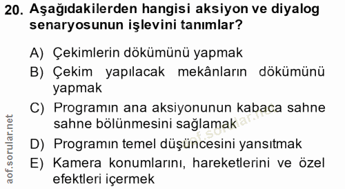 20. soru: Aşağıdakilerden hangisi aksiyon ve diyalog senaryosunun işlevini tanımlar? A) Çekimlerin dökümünü yapmak B) Çekim yap…