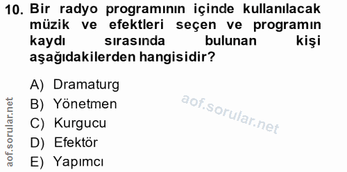 10. soru: Bir radyo programının içinde kullanılacak müzik ve efektleri seçen ve programın kaydı sirasında bulunan kişi aşağıdak…