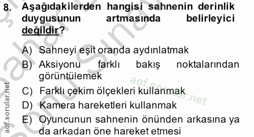 8. soru: • Aşağıdakilerden hangisi sahnenin derinlik duygusunun artmasında belirleyici değildir? A) Sahneyi eşit oranda aydınl…