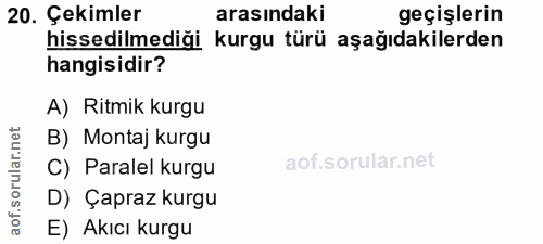 20. soru: Çekimler arasındaki geçişlerin hissedilmediği kurgu türü aşağıdakilerden hangisidir? A) Ritmik kurgu B) Montaj kurgu…