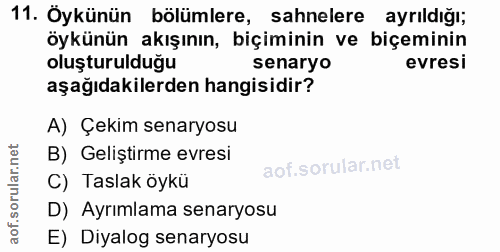 11. soru: Öykünün bölümlere, sahnelere ayrıldığı; öykünün akışının, biçiminin ve biçeminin oluşturulduğu senaryo evresi aşağıda…