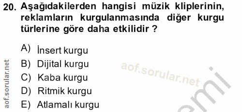 20. soru: Aşağıdakilerden hangisi müzik kliplerinin, reklamların kurgulanmasında diğer kurgu türlerine göre daha etkilidir ? A)…