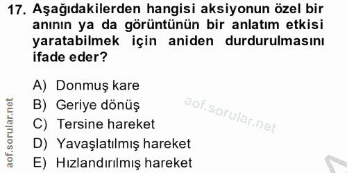 17. soru: Aşağıdakilerden hangisi aksiyonun özel bir anının ya da görüntünün bir anlatım etkisi yaratabilmek için aniden durdur…