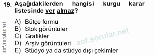 19. soru: Aşağıdakilerden hangisi kurgu karar listesinde yer almaz? A) Bütçe formu B) Stok görüntüler C) Grafikler D) Arşiv gör…