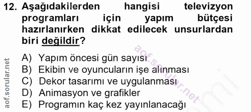 12. soru: Aşağıdakilerden hangisi televizyon programlari için yapım bütçesi hazırlanırken dikkat edilecek unsurlardan biri deği…