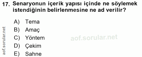 17. soru: Senaryonun içerik yapısı içinde ne söylemek istendiğinin belirlenmesine ne ad verilir? A) Tema B) . Amaç C) Yontem D)…