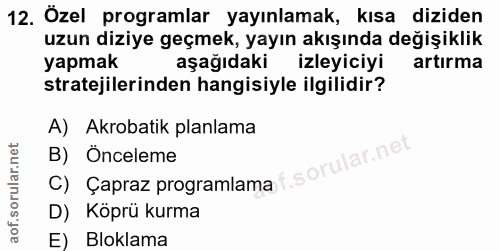 12. soru: Özel programlar yayınlamak, kısa diziden uzun diziye geçmek, yayın akışında değişiklik yapmak aşağıdaki izleyiciyi ar…