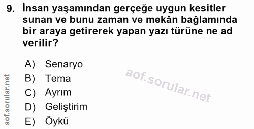 9. soru: İnsan yaşamından gerçeğe uygun kesitler sunan ve bunu zaman ve mekân bağlamında bir araya getirerek yapan yazı türüne…