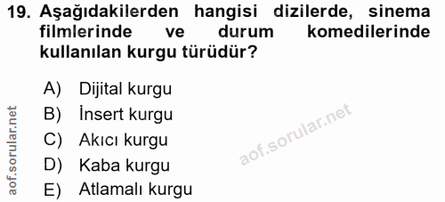 19. soru: Aşağıdakilerden hangisi dizilerde, sinema filmlerinde ve durum komedilerinde kullanılan kurgu türüdür? A) Dijital kur…