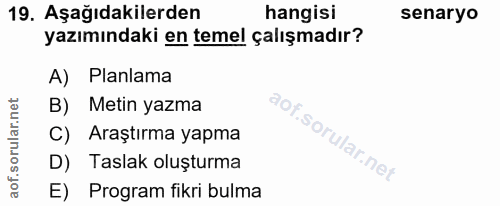 19. soru: Aşağıdakilerden hangisi senaryo yazımındaki en temel çalışmadır? A) Planlama B) Metin yazma C) Araştırma yapma D) Tas…