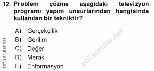 12. soru: Problem çözme aşağıdaki televizyon programı yapım unsurlarından hangisinde kullanılan bir tekniktir? A) Gerçekçilik l…